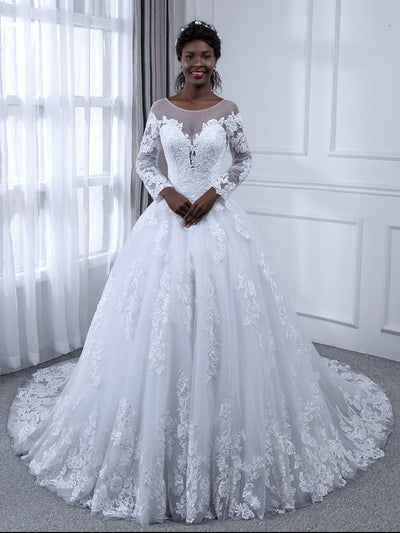 Elegant long sleeves white satin ball gown wedding dress with lace or  beaded bodice and train - various styles